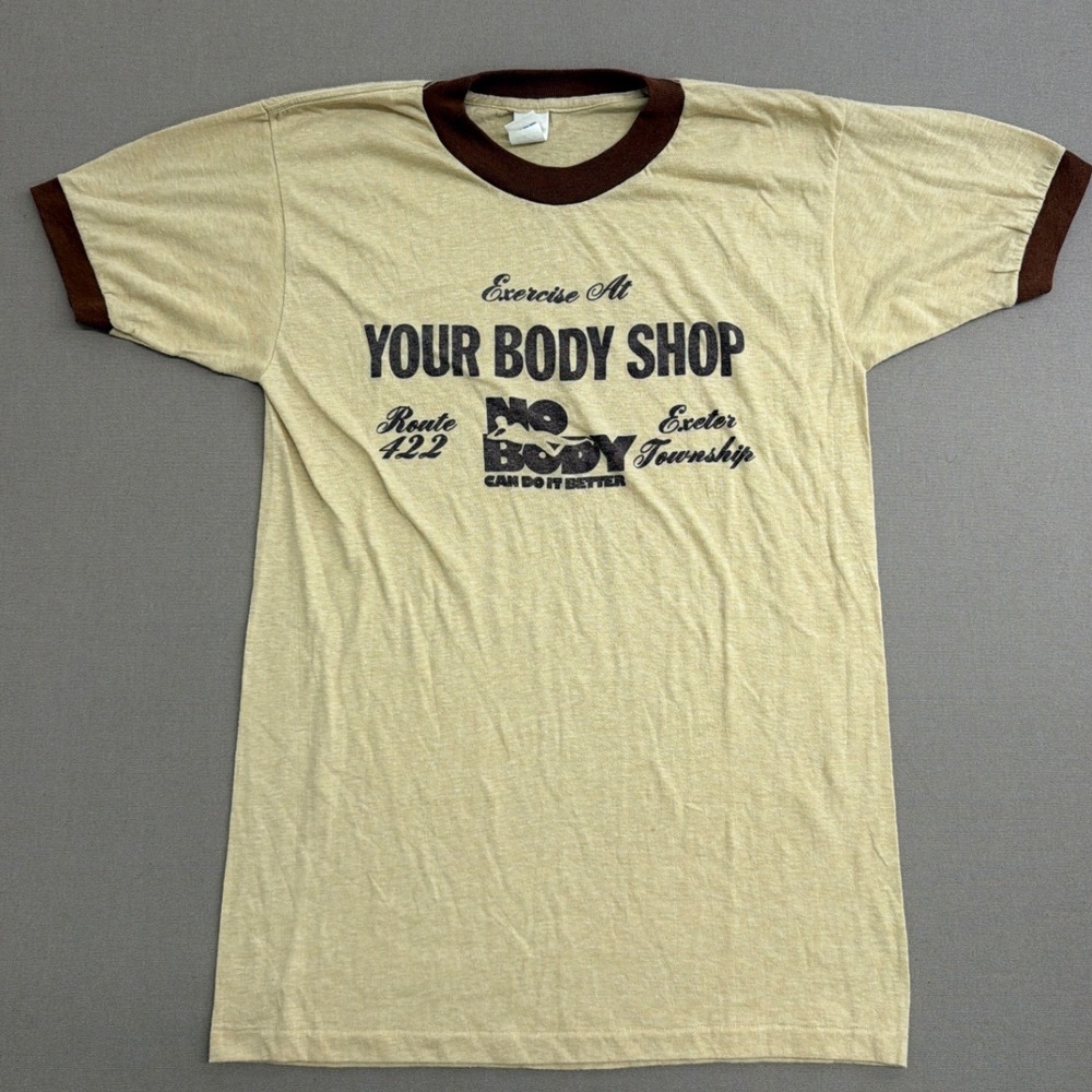 Vintage Your Body Shop Exeter Township Ringer Tee Tan Brown Mens Large 50/50